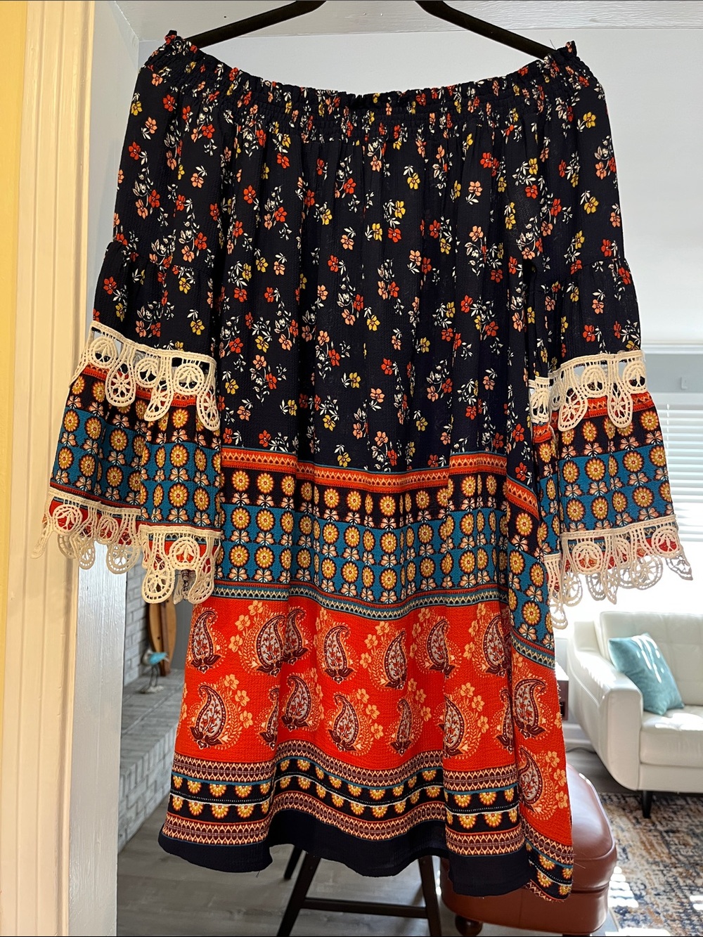 JODIFL Navy Boho Floral and Paisley Off Shoulder Mini Dress White Crochet Lace